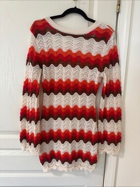 Boho Wave Stripe Crochet Sweater in Cream & Red Tones